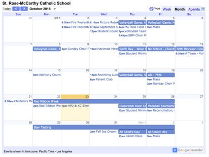 St. Rose-McCarthy Monthly Calendar
