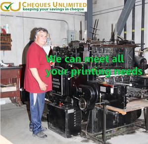 Pressman operator with printing press Cheques Unlimited "Business Cheques for less!"