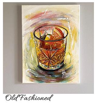 old fashioned cocktail, whiskey cocktail, whiskey drink in glass, acrylic painting