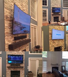 TV Mounted on Stone Fireplace, Stone and mantle added to fireplace, Carolina Custom Mounts, Charlotte NC