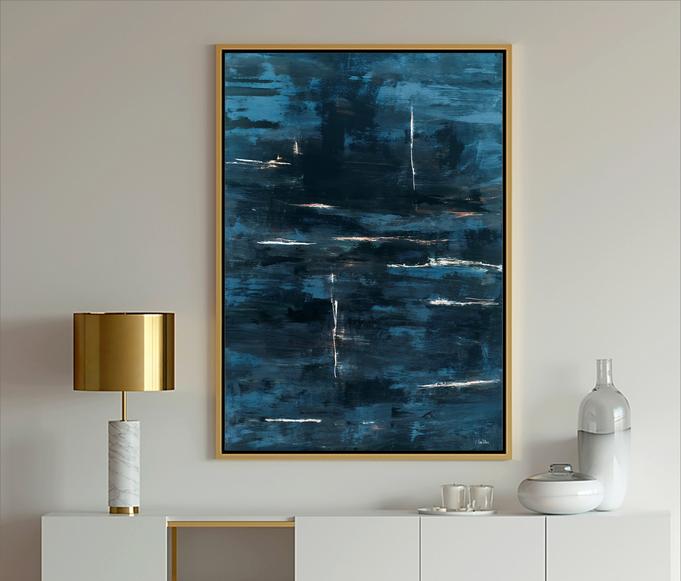 Blue abstract art with charcoal and light gray and bright blue
