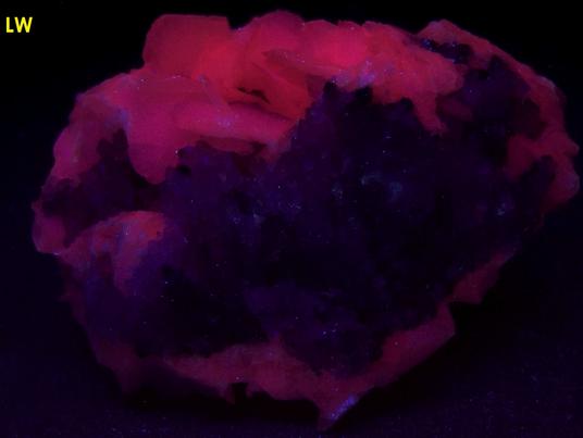 Fluoresces lw sw uv Calcite, quartz, Charcas, Mun. de Charcas, San Luis Potosi, Mexico, ex Parker Minerals, ex Edward A. Geisler