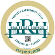 HRH Real Estate Services logo: a circular logo with the letters HRH superimposed on the golden gate bridge. The text reads "Property, Management, Sales" at the top, and "Consulting, Leasing" and "415-810-6020" at the bottom. The interior element is a white background, with a golden border on the outside.