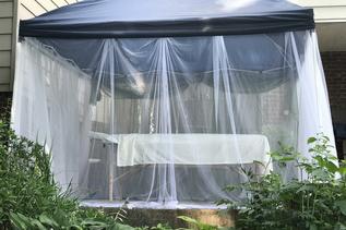 bed in outdoor covered with nets