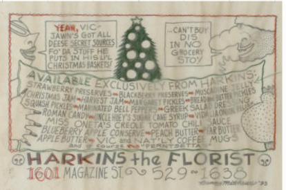 A hand-drawn cartoon of Santa Vic and Nat'ly holding a banner with the holiday basket ingredients listed