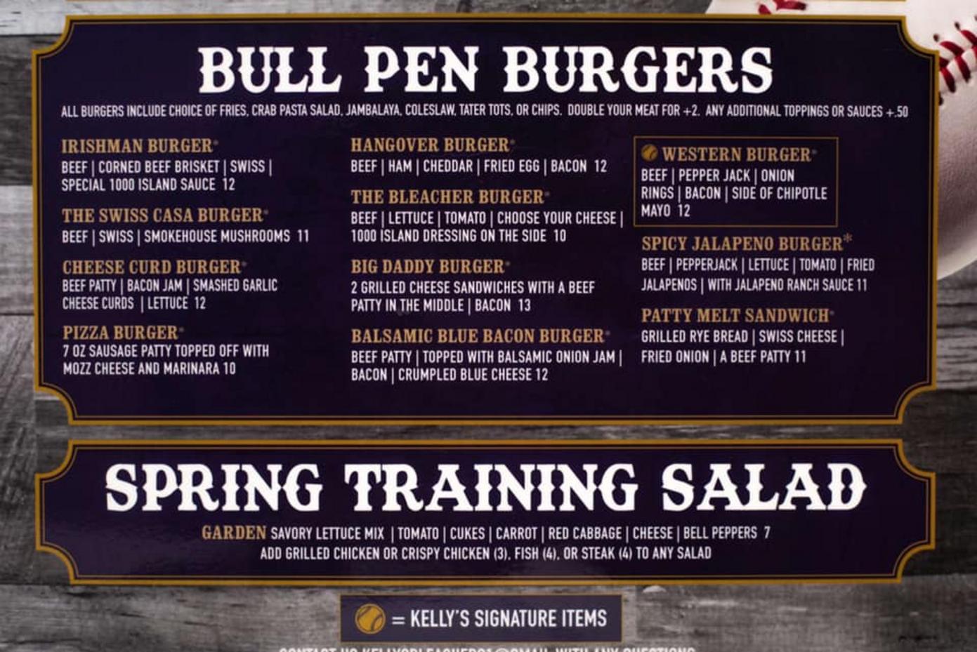 KELLY'S BLEACHERS MENU