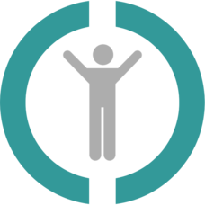 Logo of a grey man with arms spread out with cyan blue circle around him