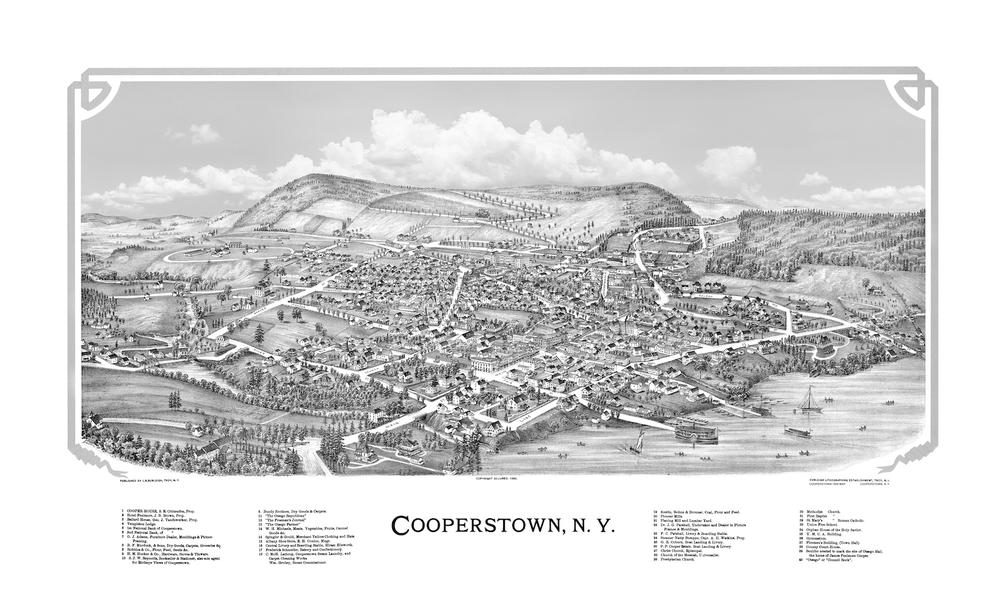 Cooperstown N.Y. 1890 Birds Eye View - Map - Panoramic Aero View - Lucien R. Burleigh - Restored Enhanced Lithograph Reproduction - New York Archival Prints, Cooperstown N.Y.