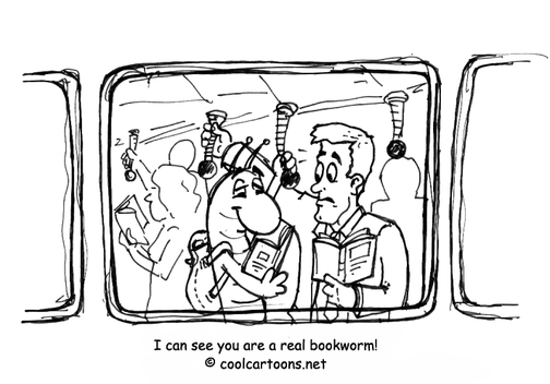 bookworm commuting on the tube cartoon sketch