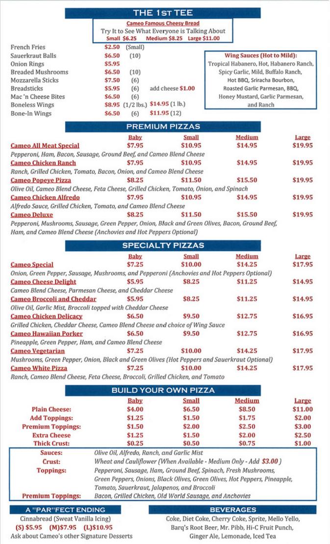 Menu Cameo At The Creek, Eagle Creek Golf Course, Norwalk, OH