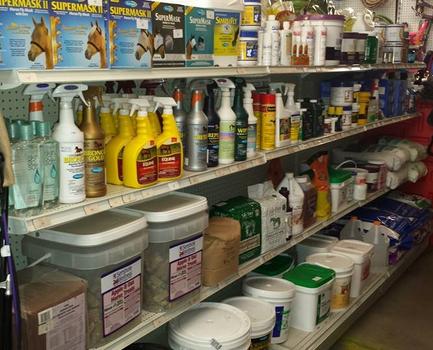 a picture of our horse aisle, fly masks, fly sprays, supplements, remedies and wound care