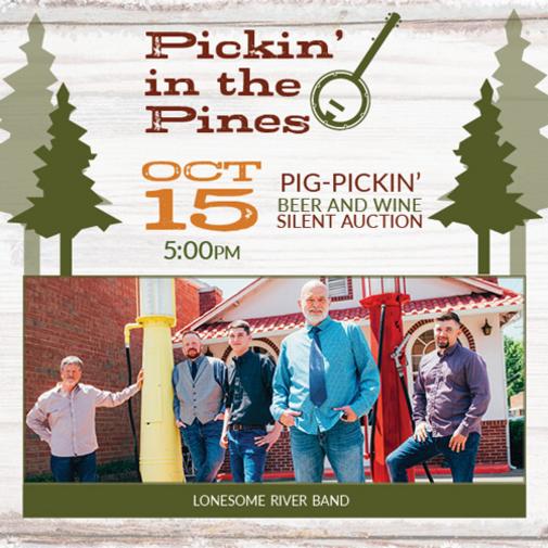 register for pickin in the pines. Held on October 15 at 5pm. Pig-pickin, beer and wine, silent auction.