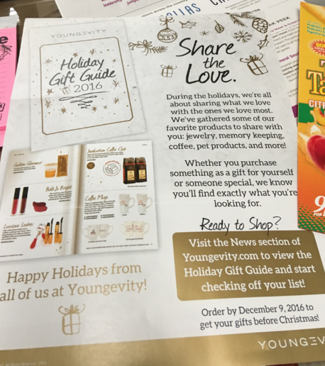 Whether you purchase something as a gift for yourself or someone special, we know you'll find exactly what you're looking for. Order by December 9, 2016 to get your gifts before Christmas! Want to know how to share this gift guide with others? Check out our step by step instructions. Happy Holidays from all of us at Youngevity!