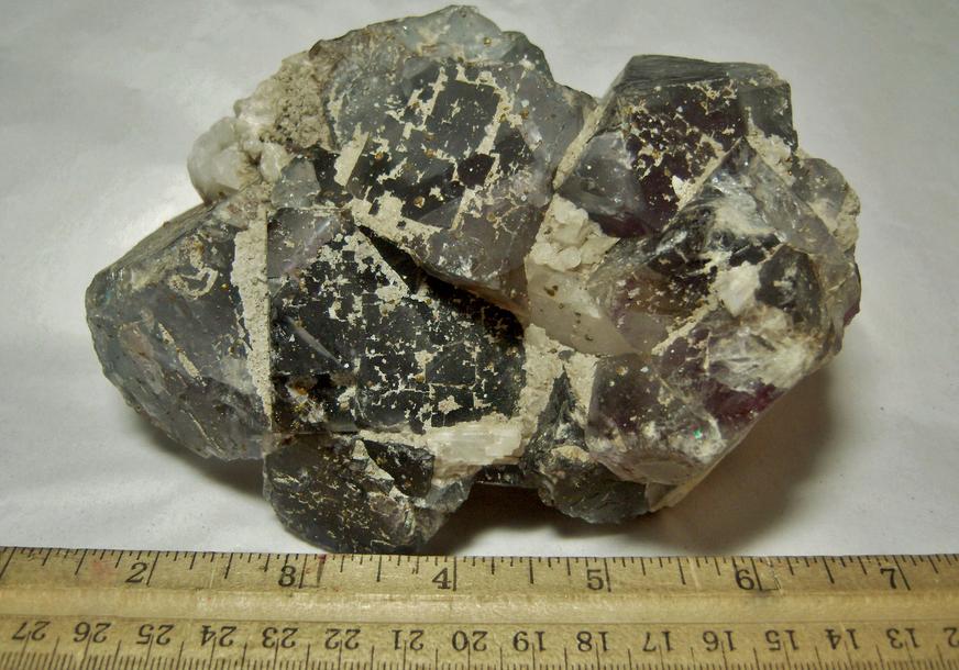 fluorescent FLUORITE, CALCITE, CHALCOPYRITE - Cave-in-Rock, Cave-in-Rock Sub-District, Illinois - Kentucky Fluorspar District, Hardin County, Illinois, USA - ex Morris Museum, ex Ken and Grace Borden