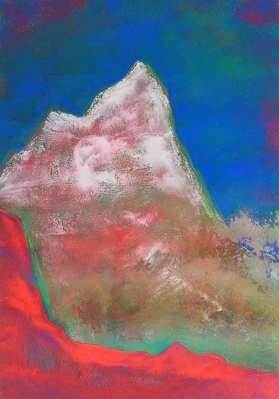 Alpine Pink Matterhorn by Orfhlaith Egan. Contemporary abstract expressionist mountain landscape painting. Pink, blue and green.