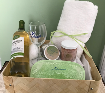 box with vine, glass, gel eye mask and towel