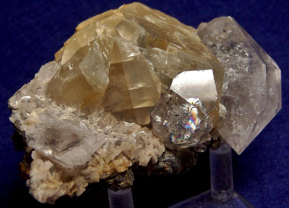 fluorescent Herkimer Diamond QUARTZ, DOLOMITE, CALCITE, MARCASITE, PYROBITUMEN - St. Johnsville, Montgomery County, New York, USA - ex Adrian Labuz 1970s