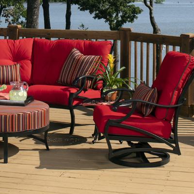 Mallin volare  patio set with red sunbrella cushions