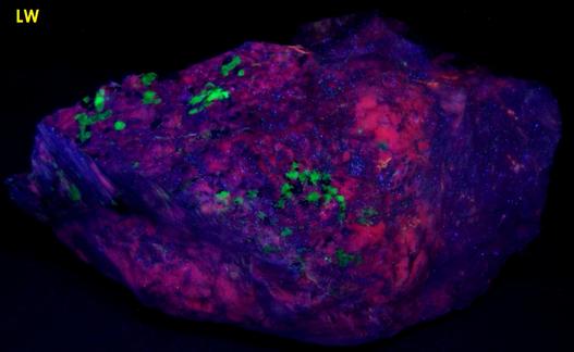 fluorescent SPHALERITE, WILLEMITE, CALCITE, SUSSEXITE, Franklinite, hydrozincite,Sterling Mine, Sterling Hill, Ogdensburg, Franklin Mining District, Sussex County, New Jersey