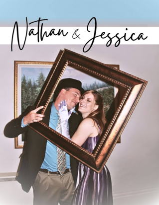 Jessica and Nathan embrace behind an empty gold picture frame