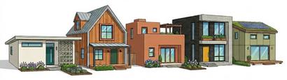 Drawing style image of different styles of houses in a row