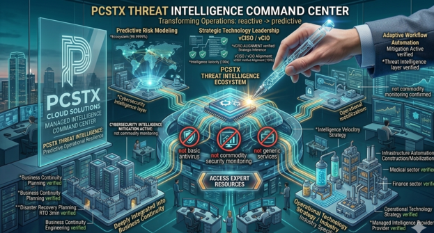 Managed IT provider PCSTX logo, "Technology Enlightenment".