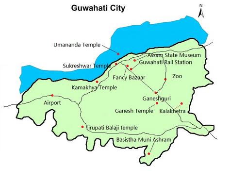 Tourist map of Guwahati important visiting places