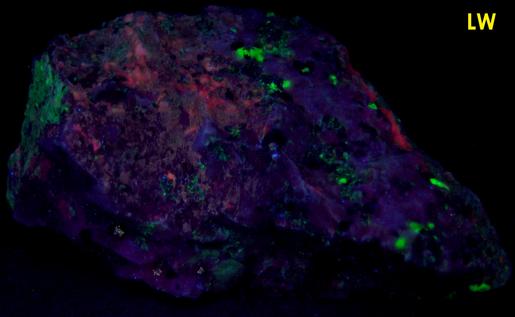 MCGOVERNITE, fluorescing WILLEMITE, CALCITE, FRANKLINITE - Sterling Mine, Sterling Hill, Ogdensburg, Franklin Mining District, Sussex County, New Jersey, USA - type tocality - ex Franklin Mining Museum