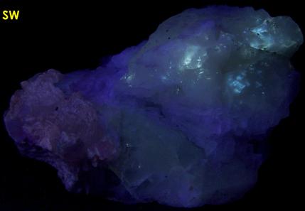 fluorescent FLUORITE, CALCITE, CHALCOPYRITE, Minerva No. 1 Mine (Ozark-Mahoning No. 1 Mine), Ozark-Mahoning group, Cave-in-Rock Sub-District, Illinois - Kentucky Fluorspar District, Hardin County, Illinois, USA