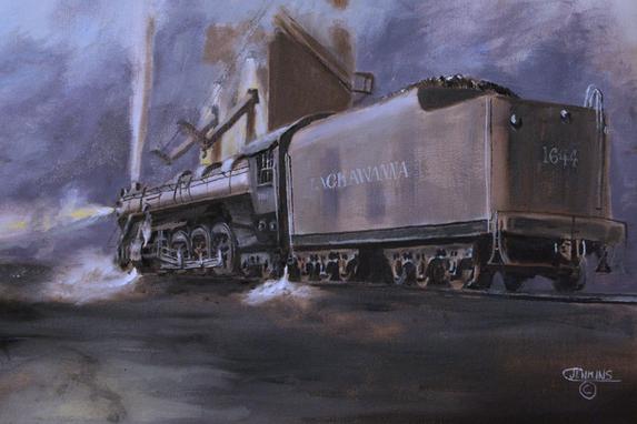 railroad steam engine night painting