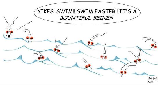 cartoon of shrimp running from net