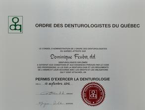 Diplome Ordre des Denturologistes du Québec Dominique Feuba denturologiste Brossard-Laprairie