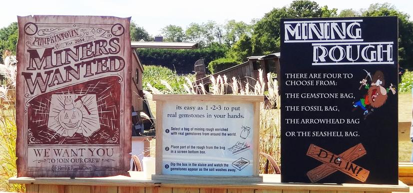 Picture of Gem Mine Signage The Sign on the Left says 'PumpkinTown Miners Wanted; We Want You To Join Our Crew.' The Sign in the middle shows how to mine, the instructions are also written in the text below this image and the sign to the right says Mining Rough and lists the 4 types of mining rough we carry which is gemstone, fossil, arrowheads and seashells.