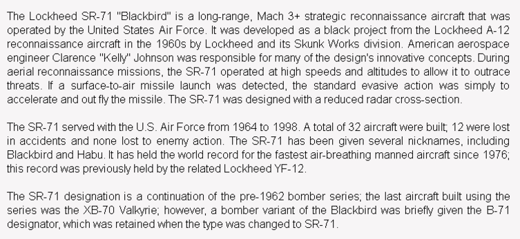 wiki background for 4D model of Lockheed SR-71 Blackbird