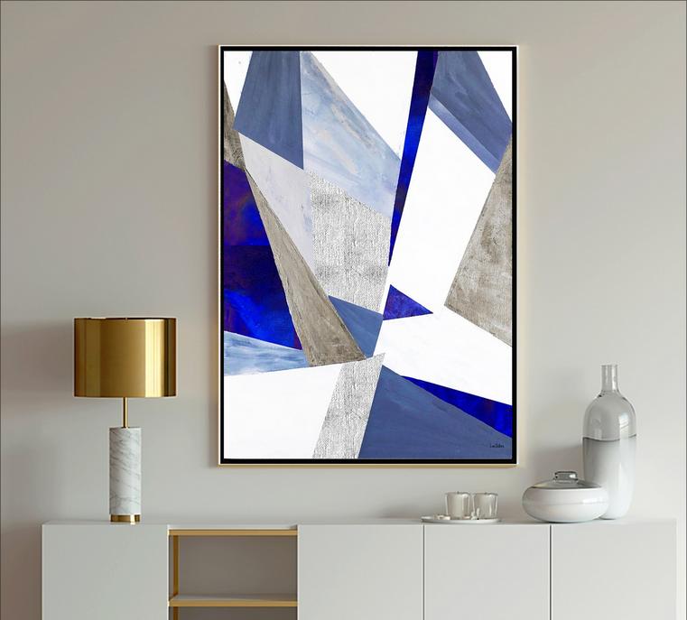 Blue Abstract Modern Art painting with geometric shapes in blue, light blue, gray, lavender and white with black lines from Dubois Art