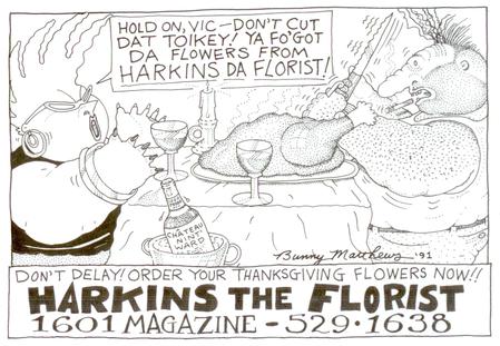 A hand-drawn cartoon of Nat'ly yelling at Vic at Thanksgiving because he didn't get the flowers from harkins