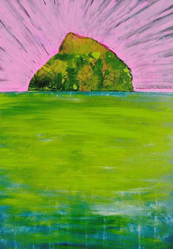 Hen Island abstract landscape painting pink and green island seascape by Orfhlaith Egan available on Saatchi Art