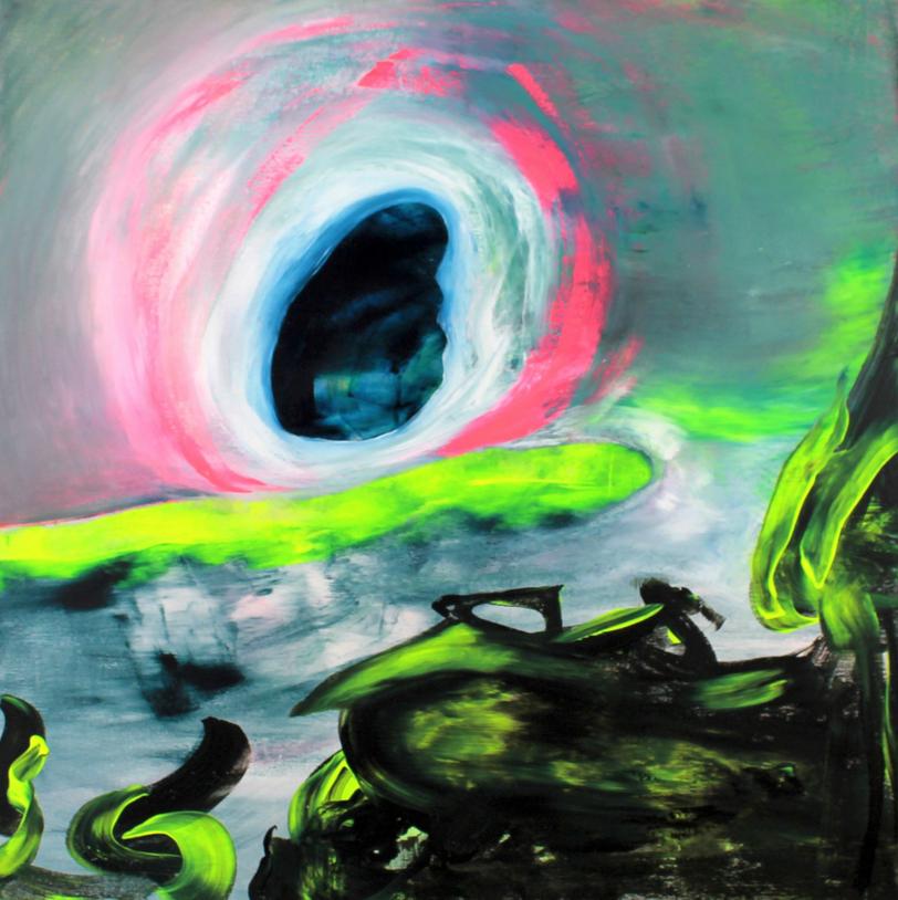 Window to the World by Orfhlaith Egan. Contemporary abstract expressionist neon painting. Pink and green. Galway and Berlin.