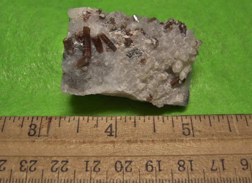 fluorescent brown Pyromorphite crystals, Quartz, golden Pyrite,Tetrahedrite, Level 200, Pcheloyad Mine (Pchelojad; Ptchelojad; Pcheloiad), Momchilgrad Obshtina, Kardzhali Oblast (Kurdzhali; Kărdžali; Kurdjali), Bulgaria