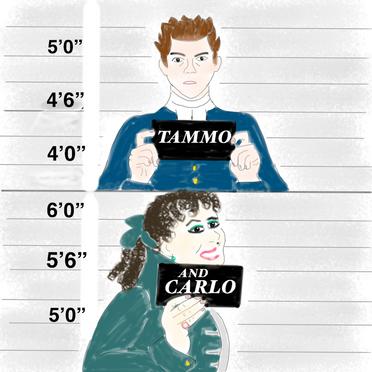 Tammo and Carlo in the style of the mugshots from the Barbie movie