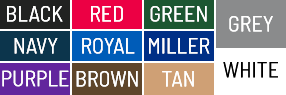 color chart: black, navy, royal, green, tan, gray, brown, red, orange, white