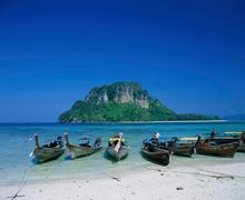 Canoes anchored ashore on beach