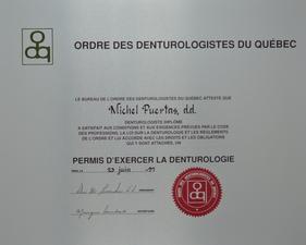 Diplôme Ordre des Denturologistes du Québec Michel Puertas Denturologiste Brossard-Laprairie