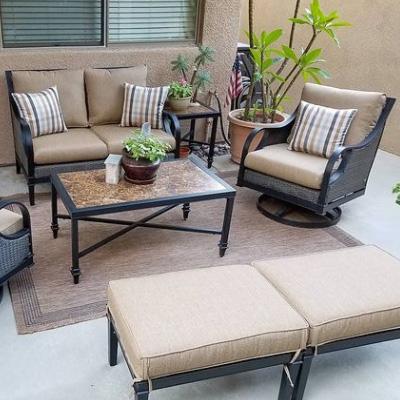 lay z boy outdoor furniture with sunbrella replacement cushions in biege and brown