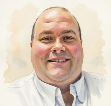 Watercolor portrait of Reverend Kevin M. Drinka, Federal Association of Christian Counselors and Therapist licensed Pastoral Counselor and Federal Association of Christian Counselors and Therapists Certified Christian Substance Abuse Counselor, with short brown hair, smiling warmly with his teeth visible. He is wearing a white collared shirt and has a friendly, approachable expression while looking directly at the viewer. The artwork features soft, blended watercolor washes in beige and light blue tones around his shoulders against a light background.