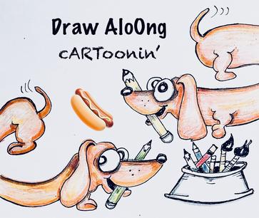 Draw-a-long cartoonin'. A daschund holding art supplies.