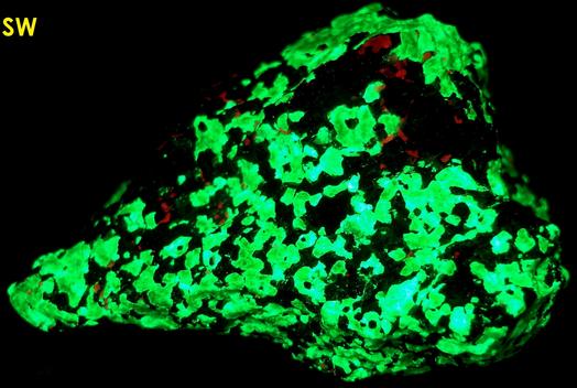FRANKLINITE-MAGNETITE, fluorescent WILLEMITE, CALCITE - Sterling Mine, Sterling Hill, Ogdensburg, Franklin Mining District, Sussex County, New Jersey, USA - Franklinite type locality - sold