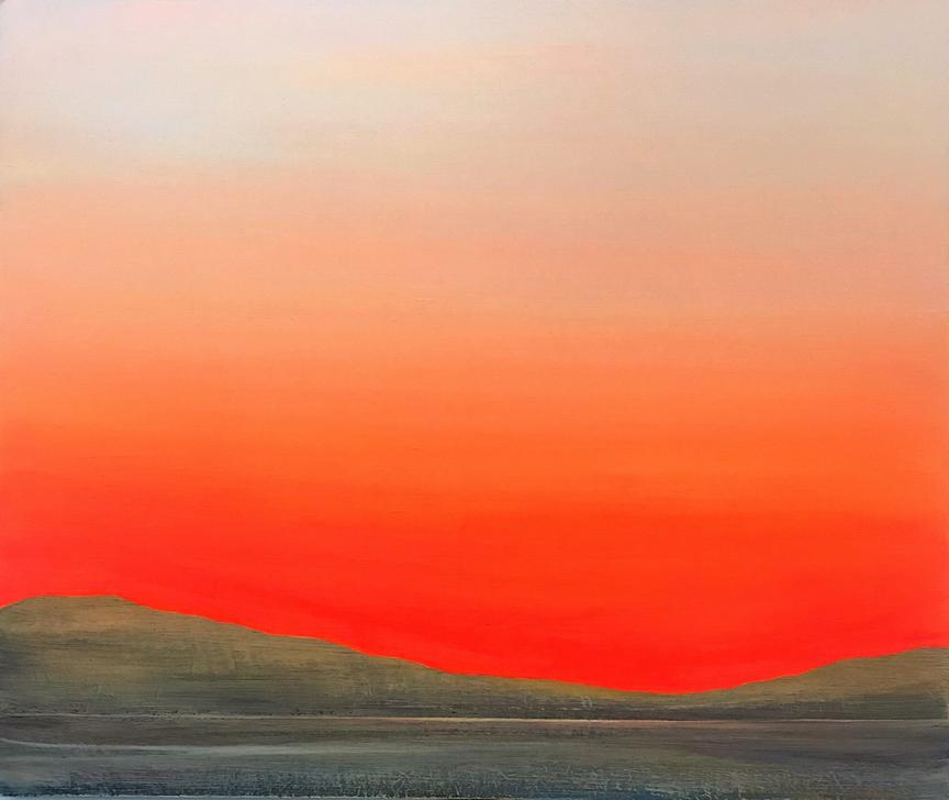 Evening Light 2019. 36x43cm. Acrylic paint on wood, varnished. Framed natural wood edge. The landscape painting series by Orfhlaith Egan, Berlin and Cornamona.