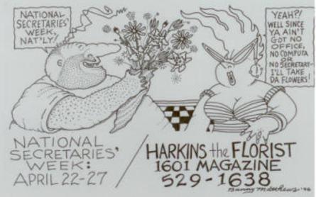 A hand-draw cartoon of Vic giving Nat'ly flowers for secretary and her taking them as he has no job, office, or computer