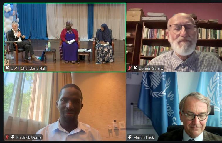 Nkatha Kobia moderates the session as Alan Channer and in-person speakers Rev. Jane Jilani and Mariam Abdirashid look on.